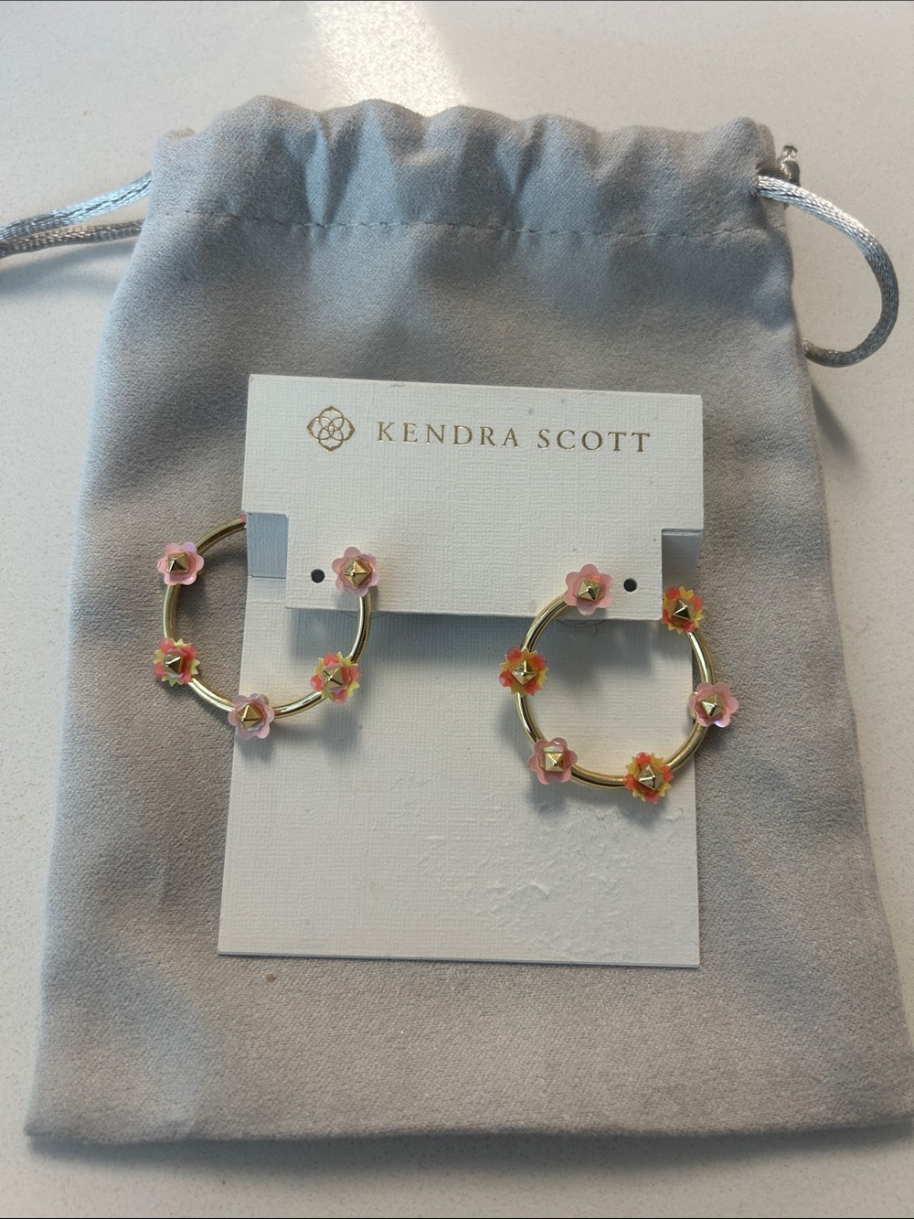 Kendra Scott Gold Hoop Earrings with Pink Flower Accents